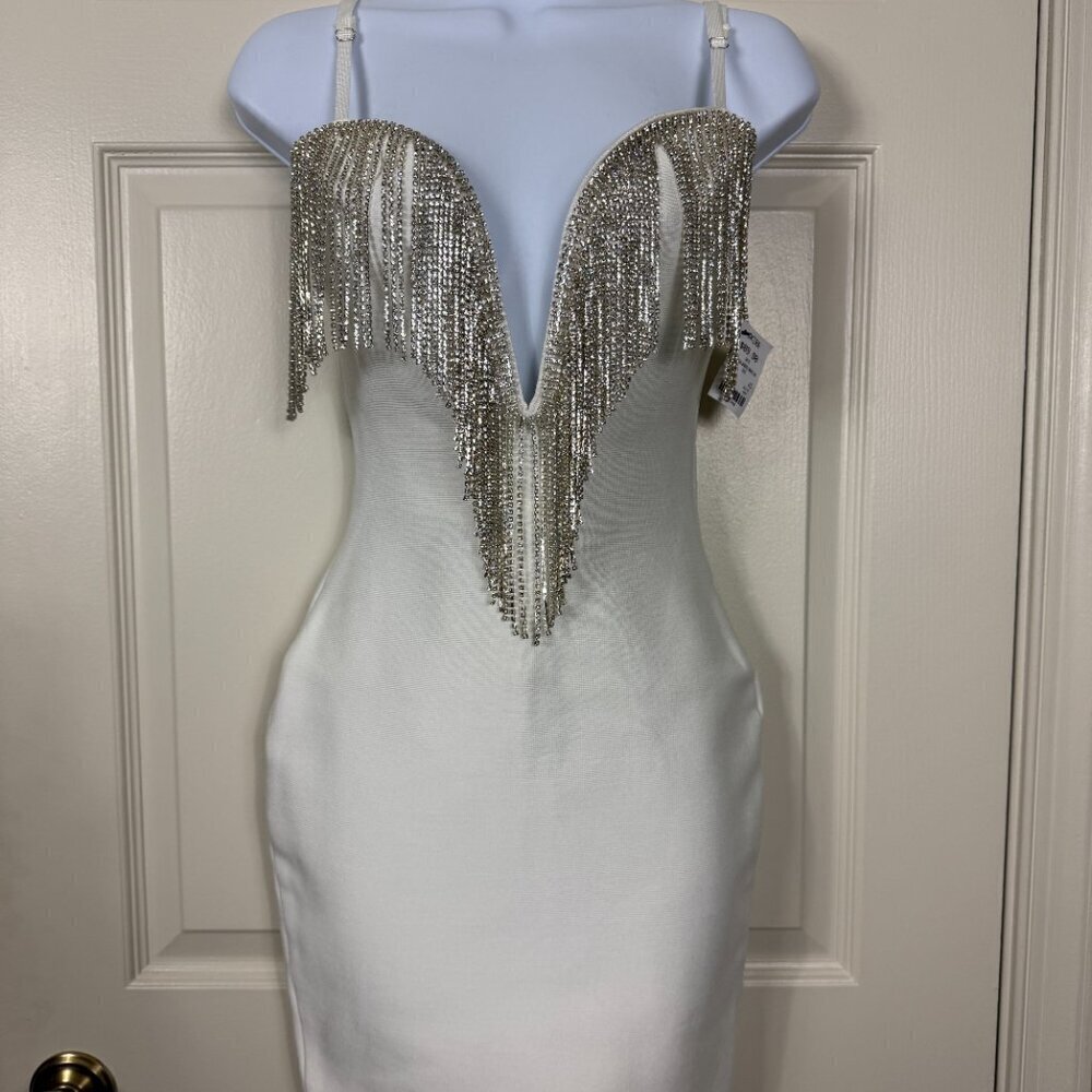 AKIRA Rhinestone Waterfall White Bandage Mini Dress XS New with Tags